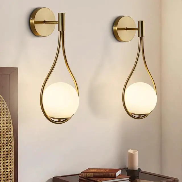 Main image of Vintage Globe Glass Wall Light Set of 2 Modern Brass Wall Sconce Bathroom Vanity White Light Fixture Elegant Wall Mount Light Wall Lighting for Mirror Hallways