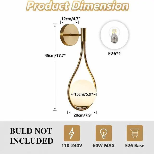 Alt view image 2 of 6 - Vintage Globe Glass Wall Light Set of 2 Modern Brass Wall Sconce Bathroom Vanity White Light Fixture Elegant Wall Mount Light Wall Lighting for Mirror Hallways