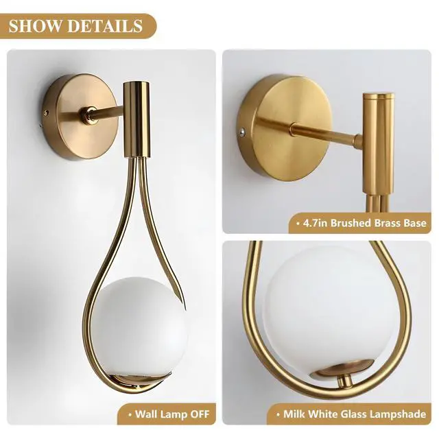 Alt view image 3 of 6 - Vintage Globe Glass Wall Light Set of 2 Modern Brass Wall Sconce Bathroom Vanity White Light Fixture Elegant Wall Mount Light Wall Lighting for Mirror Hallways