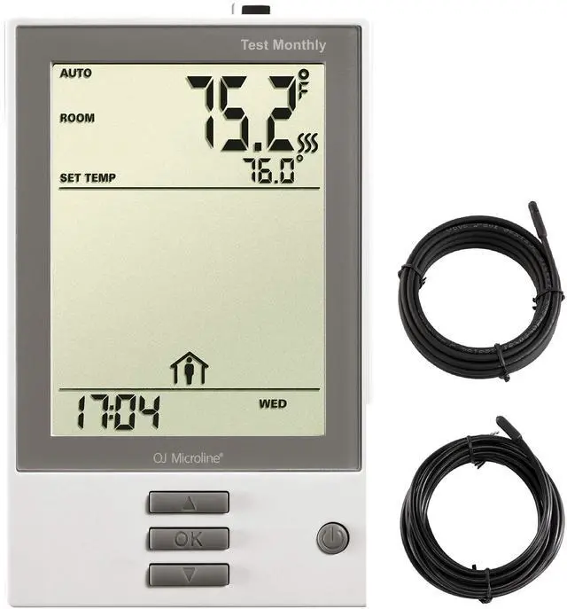 Main image of Thermostat with Built-in GFCI. Programmable Dual Voltage, Dual Sensing, Electric Radiant Floor Heating Thermostat. Includes 2 Floor Sensors, Primary Plus a Backup - Model UDG-4999