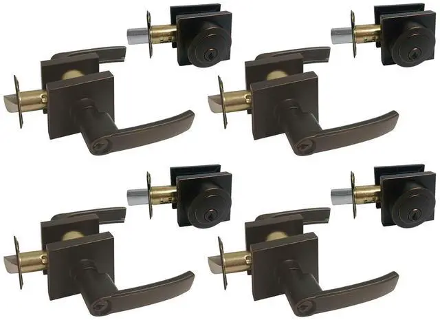 Main image of Dark Oil Rubbed Bronze Square Straight Corner Plate Entry Entrance keyed Levers with Matching Single Cylinder Deadbolts Combo Keyed Alike 8048DBR (4 Set)