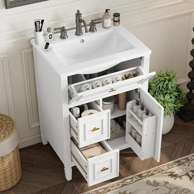 Main image of 24 Inch White Bathroom Vanity with Sink & Gold Handles,Modern Luxury | with Soft Closing Door,Adjustable Shelf,Tip-Out Tray,Left Drawers,Ceramic Countertop,Solid Wood Frame,Painted,Recessed Front
