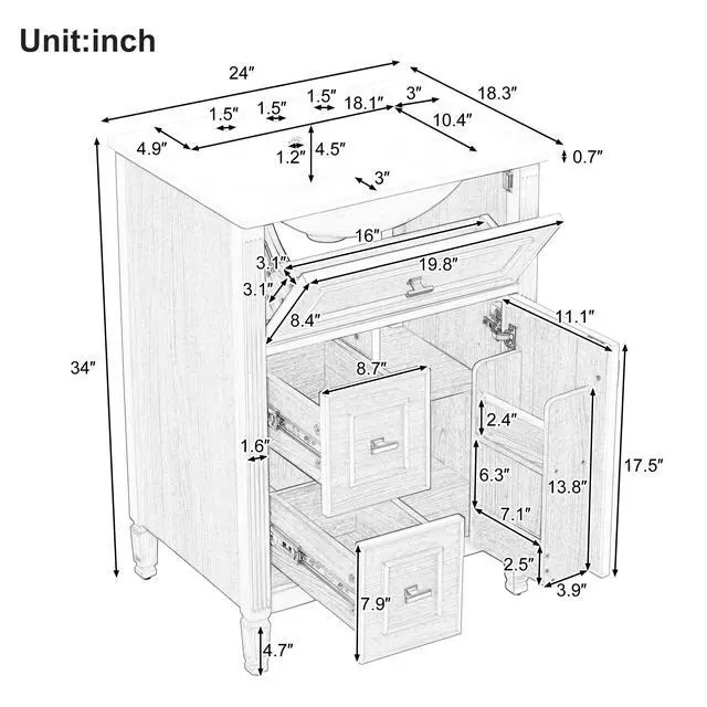 Alt view image 2 of 6 - 24 Inch White Bathroom Vanity with Sink & Gold Handles,Modern Luxury | with Soft Closing Door,Adjustable Shelf,Tip-Out Tray,Left Drawers,Ceramic Countertop,Solid Wood Frame,Painted,Recessed Front