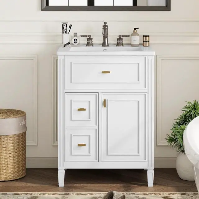 Alt view image 3 of 6 - 24 Inch White Bathroom Vanity with Sink & Gold Handles,Modern Luxury | with Soft Closing Door,Adjustable Shelf,Tip-Out Tray,Left Drawers,Ceramic Countertop,Solid Wood Frame,Painted,Recessed Front