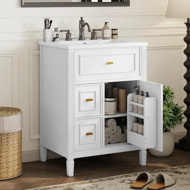 Alt view image 4 of 6 - 24 Inch White Bathroom Vanity with Sink & Gold Handles,Modern Luxury | with Soft Closing Door,Adjustable Shelf,Tip-Out Tray,Left Drawers,Ceramic Countertop,Solid Wood Frame,Painted,Recessed Front