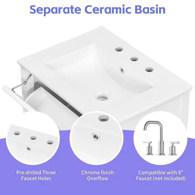 Alt view image 5 of 6 - 24 Inch White Bathroom Vanity with Sink & Gold Handles,Modern Luxury | with Soft Closing Door,Adjustable Shelf,Tip-Out Tray,Left Drawers,Ceramic Countertop,Solid Wood Frame,Painted,Recessed Front