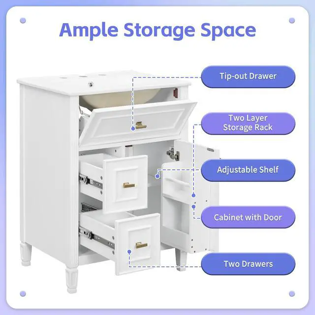 Alt view image 6 of 6 - 24 Inch White Bathroom Vanity with Sink & Gold Handles,Modern Luxury | with Soft Closing Door,Adjustable Shelf,Tip-Out Tray,Left Drawers,Ceramic Countertop,Solid Wood Frame,Painted,Recessed Front