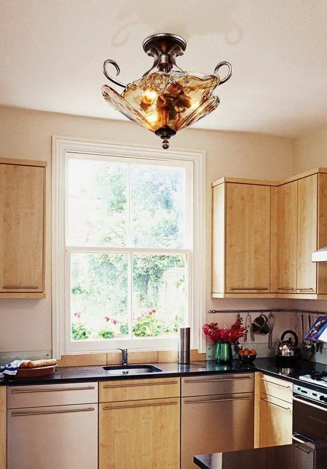 Alt view image 2 of 6 - Amber Scroll 20 1/4" Wide Art Glass Semi-Flush Mount Ceiling Light Fixture | Rustic Golden Bronze for Cottage Core Bedroom Kitchen Living Room Hallway Bathroom Colors May Vary