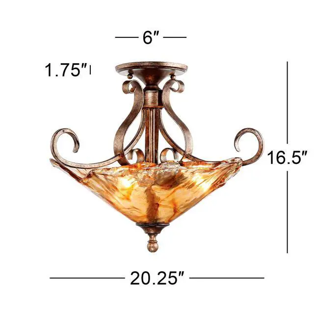 Alt view image 3 of 6 - Amber Scroll 20 1/4" Wide Art Glass Semi-Flush Mount Ceiling Light Fixture | Rustic Golden Bronze for Cottage Core Bedroom Kitchen Living Room Hallway Bathroom Colors May Vary