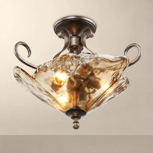 Alt view image 4 of 6 - Amber Scroll 20 1/4" Wide Art Glass Semi-Flush Mount Ceiling Light Fixture | Rustic Golden Bronze for Cottage Core Bedroom Kitchen Living Room Hallway Bathroom Colors May Vary