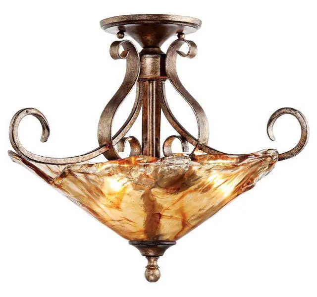 Alt view image 5 of 6 - Amber Scroll 20 1/4" Wide Art Glass Semi-Flush Mount Ceiling Light Fixture | Rustic Golden Bronze for Cottage Core Bedroom Kitchen Living Room Hallway Bathroom Colors May Vary