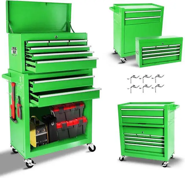 Main image of 8 Drawers Rolling Tool Chest, 2-in-1 Detachable Metal Tool Storage Cabinet with Wheels, Lockable Tool Cart with Hooks for Garage, Workshop or Salon Use, Green