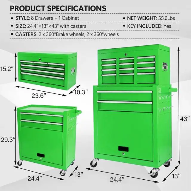 Alt view image 3 of 6 - 8 Drawers Rolling Tool Chest, 2-in-1 Detachable Metal Tool Storage Cabinet with Wheels, Lockable Tool Cart with Hooks for Garage, Workshop or Salon Use, Green