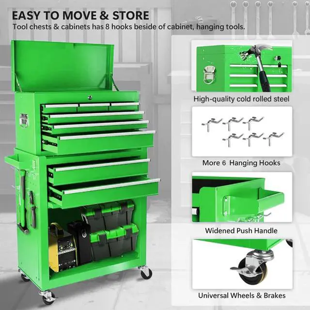 Alt view image 5 of 6 - 8 Drawers Rolling Tool Chest, 2-in-1 Detachable Metal Tool Storage Cabinet with Wheels, Lockable Tool Cart with Hooks for Garage, Workshop or Salon Use, Green