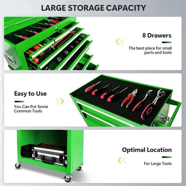 Alt view image 6 of 6 - 8 Drawers Rolling Tool Chest, 2-in-1 Detachable Metal Tool Storage Cabinet with Wheels, Lockable Tool Cart with Hooks for Garage, Workshop or Salon Use, Green