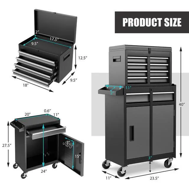 Alt view image 3 of 6 - Rolling Tool Chest, 5-Drawer Tool Storage Cabinet with Wheels, Adjustable Shelf & Anti-Slip Liner, Tool Box Organizer for Garage, Warehouse & Workshop (Gray+Black)