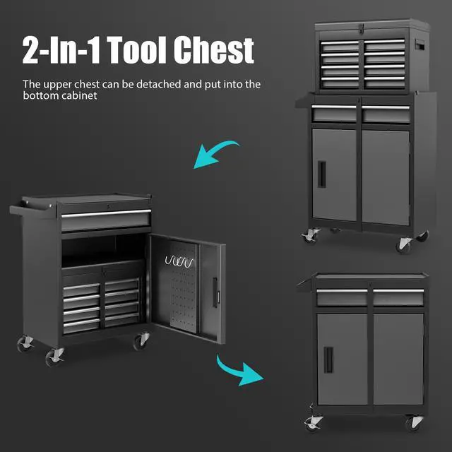 Alt view image 4 of 6 - Rolling Tool Chest, 5-Drawer Tool Storage Cabinet with Wheels, Adjustable Shelf & Anti-Slip Liner, Tool Box Organizer for Garage, Warehouse & Workshop (Gray+Black)