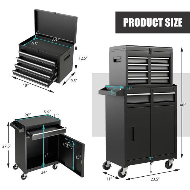 Alt view image 3 of 6 - Rolling Tool Chest, 5-Drawer Tool Storage Cabinet with Wheels, Adjustable Shelf & Anti-Slip Liner, Tool Box Organizer for Garage, Warehouse & Workshop (Black)