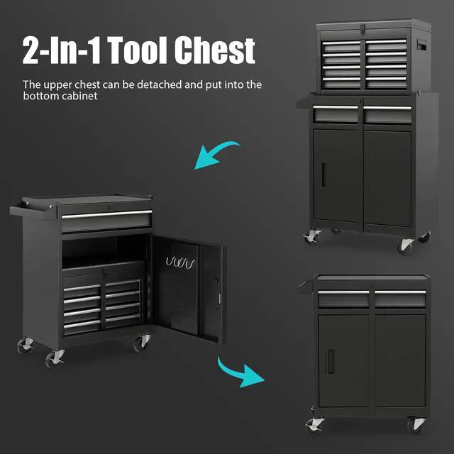 Alt view image 4 of 6 - Rolling Tool Chest, 5-Drawer Tool Storage Cabinet with Wheels, Adjustable Shelf & Anti-Slip Liner, Tool Box Organizer for Garage, Warehouse & Workshop (Black)