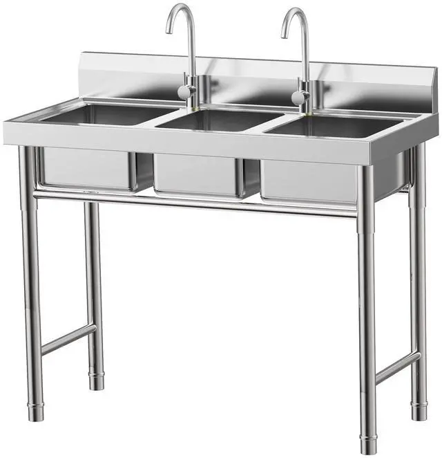 Main image of Free Standing Three Bowl Kitchen Sink Set, 3 Compartment Commercial Kitchen Sink Stainless Steel Restaurant/Garage Prep & Utility Sink 39" W x 17.7" D x 37.4" H
