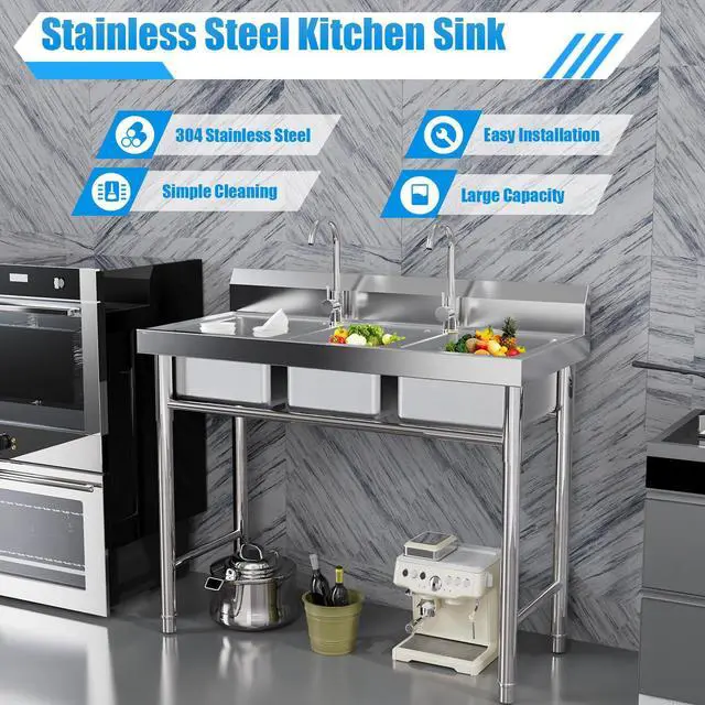 Alt view image 2 of 6 - Free Standing Three Bowl Kitchen Sink Set, 3 Compartment Commercial Kitchen Sink Stainless Steel Restaurant/Garage Prep & Utility Sink 39" W x 17.7" D x 37.4" H