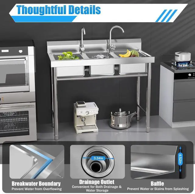 Alt view image 3 of 6 - Free Standing Three Bowl Kitchen Sink Set, 3 Compartment Commercial Kitchen Sink Stainless Steel Restaurant/Garage Prep & Utility Sink 39" W x 17.7" D x 37.4" H
