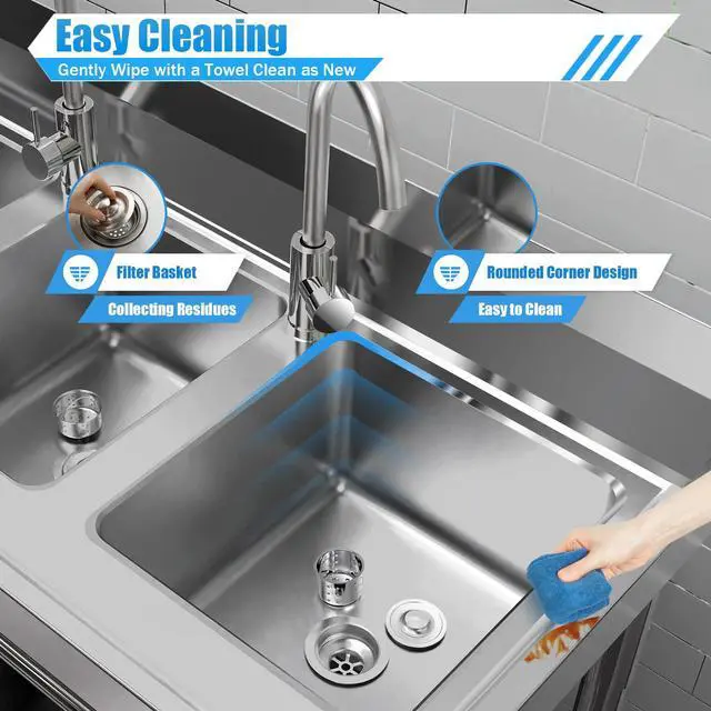 Alt view image 4 of 6 - Free Standing Three Bowl Kitchen Sink Set, 3 Compartment Commercial Kitchen Sink Stainless Steel Restaurant/Garage Prep & Utility Sink 39" W x 17.7" D x 37.4" H