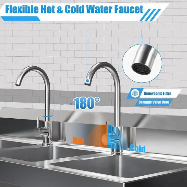 Alt view image 5 of 6 - Free Standing Three Bowl Kitchen Sink Set, 3 Compartment Commercial Kitchen Sink Stainless Steel Restaurant/Garage Prep & Utility Sink 39" W x 17.7" D x 37.4" H