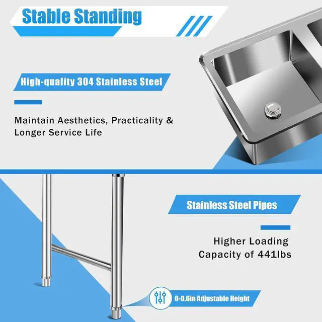 Alt view image 6 of 6 - Free Standing Three Bowl Kitchen Sink Set, 3 Compartment Commercial Kitchen Sink Stainless Steel Restaurant/Garage Prep & Utility Sink 39" W x 17.7" D x 37.4" H