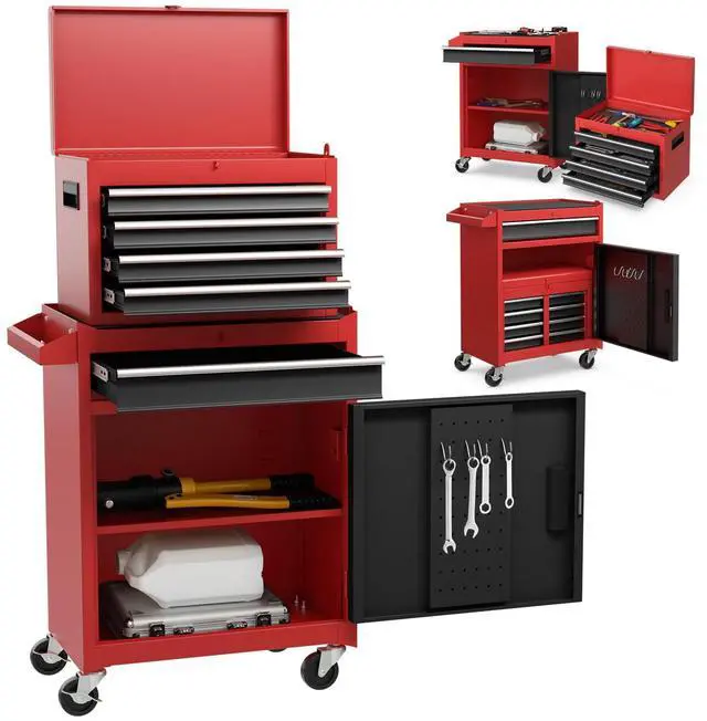 Main image of Rolling Tool Chest, 5-Drawer Tool Storage Cabinet with Wheels, Adjustable Shelf & Anti-Slip Liner, Tool Box Organizer for Garage, Warehouse & Workshop (Red+Black)