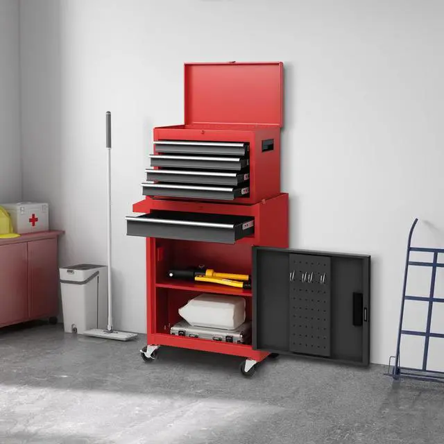Alt view image 2 of 6 - Rolling Tool Chest, 5-Drawer Tool Storage Cabinet with Wheels, Adjustable Shelf & Anti-Slip Liner, Tool Box Organizer for Garage, Warehouse & Workshop (Red+Black)