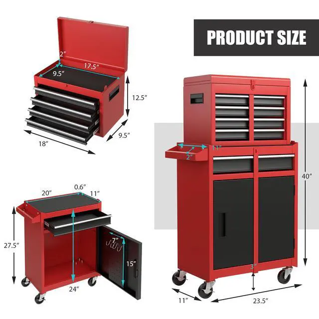 Alt view image 3 of 6 - Rolling Tool Chest, 5-Drawer Tool Storage Cabinet with Wheels, Adjustable Shelf & Anti-Slip Liner, Tool Box Organizer for Garage, Warehouse & Workshop (Red+Black)