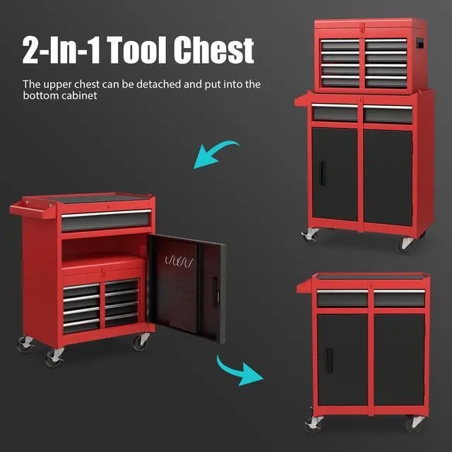 Alt view image 4 of 6 - Rolling Tool Chest, 5-Drawer Tool Storage Cabinet with Wheels, Adjustable Shelf & Anti-Slip Liner, Tool Box Organizer for Garage, Warehouse & Workshop (Red+Black)