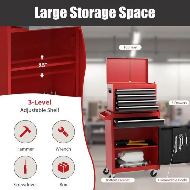 Alt view image 5 of 6 - Rolling Tool Chest, 5-Drawer Tool Storage Cabinet with Wheels, Adjustable Shelf & Anti-Slip Liner, Tool Box Organizer for Garage, Warehouse & Workshop (Red+Black)