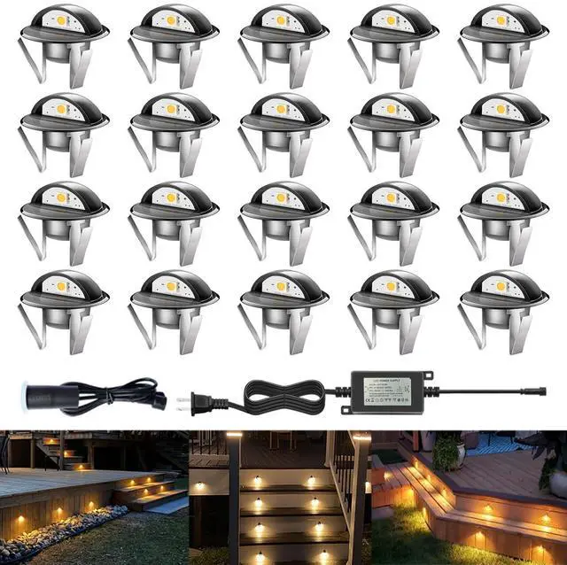 Main image of LED Outdoor Deck Lights Kits, 1.38in Low Voltage 12 Volt DC IP65 Waterproof, Electric Wired Recessed Stair Step Riser Mini Under Landscape Lighting for Yard Floor, (Black 20 Pack Warm White)