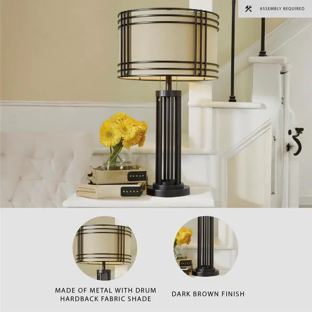 Alt view image 3 of 6 - Table Lamp, 30 Inch Rustic Pull Chain | Rustic table lamp, Sturdy metal frame, Hardback fabric drum shade, Industrial living room style, Hanswell Series