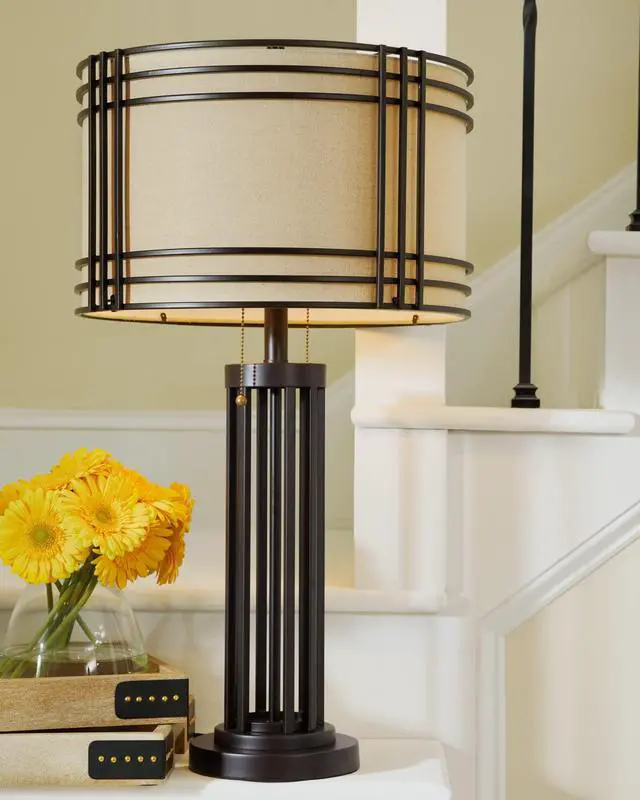 Alt view image 5 of 6 - Table Lamp, 30 Inch Rustic Pull Chain | Rustic table lamp, Sturdy metal frame, Hardback fabric drum shade, Industrial living room style, Hanswell Series