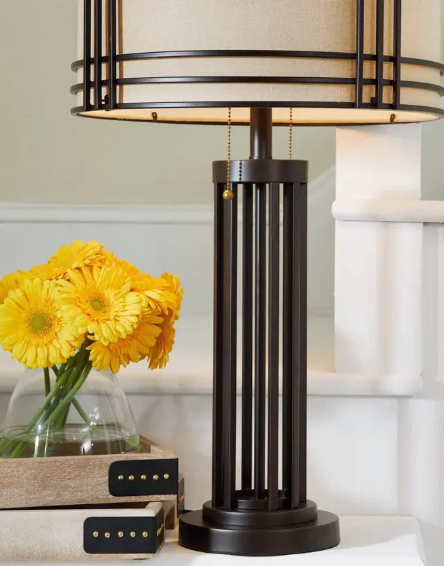 Alt view image 6 of 6 - Table Lamp, 30 Inch Rustic Pull Chain | Rustic table lamp, Sturdy metal frame, Hardback fabric drum shade, Industrial living room style, Hanswell Series