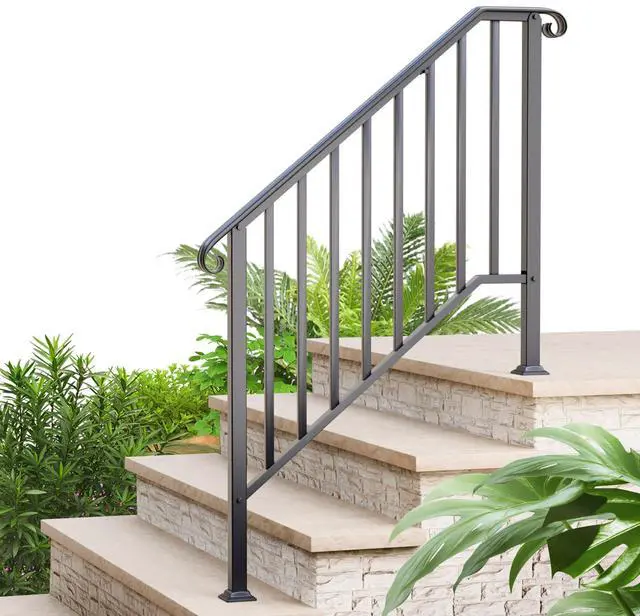 Main image of Handrails for Outdoor Steps, 4 Step Wrought Iron Stair Railing Kit Fits 3 or 4 Steps, Metal Hand Rail with Installation Kit, Staircase Handrails for Concrete, Porch, Deck Steps, Black (1-4 Step)