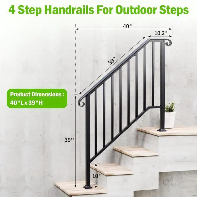 Alt view image 2 of 6 - Handrails for Outdoor Steps, 4 Step Wrought Iron Stair Railing Kit Fits 3 or 4 Steps, Metal Hand Rail with Installation Kit, Staircase Handrails for Concrete, Porch, Deck Steps, Black (1-4 Step)