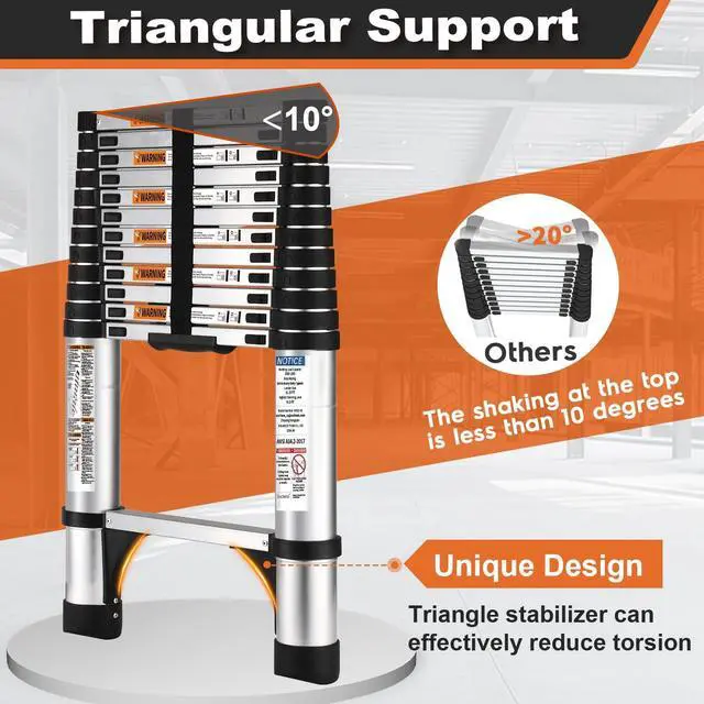 Alt view image 3 of 6 - 10.5FT Aluminum Telescoping Ladder, 330lbs Duty Rating, Non-Slip Triangle Stabilizers, Lightweight Collapsible Extension Ladder for Home & Outdoor Use