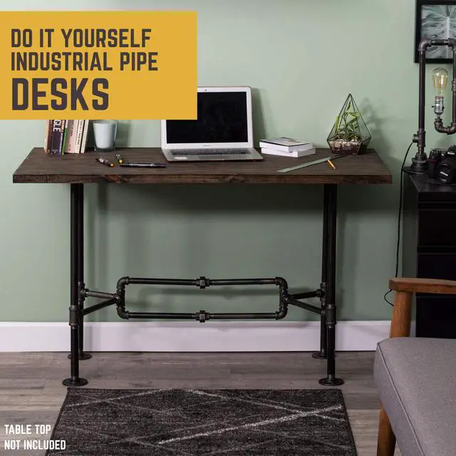 Alt view image 3 of 6 - Industrial Pipe Desk Leg Set, Modern Home Office Table Writing or Computer Base Kit, Dark Grey Black Rough Pipes, Rustic Vintage Furniture Unfinished Steel Metal Pipe Legs, O-Desk Style