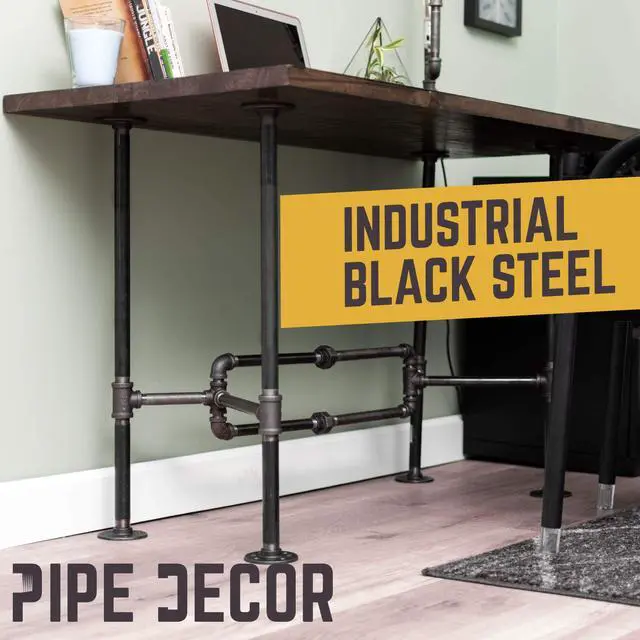 Alt view image 4 of 6 - Industrial Pipe Desk Leg Set, Modern Home Office Table Writing or Computer Base Kit, Dark Grey Black Rough Pipes, Rustic Vintage Furniture Unfinished Steel Metal Pipe Legs, O-Desk Style