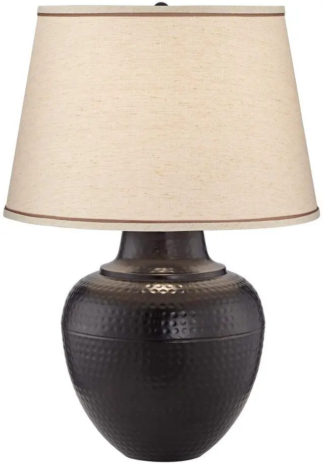 Main image of Brighton 27 1/4" Tall Table Lamp Hammered Pot Warm Bronze Brown Farmhouse | Rustic Southwest Metal Living Room Bedroom House Bedside Nightstand Home Office Family Beige Drum Shade