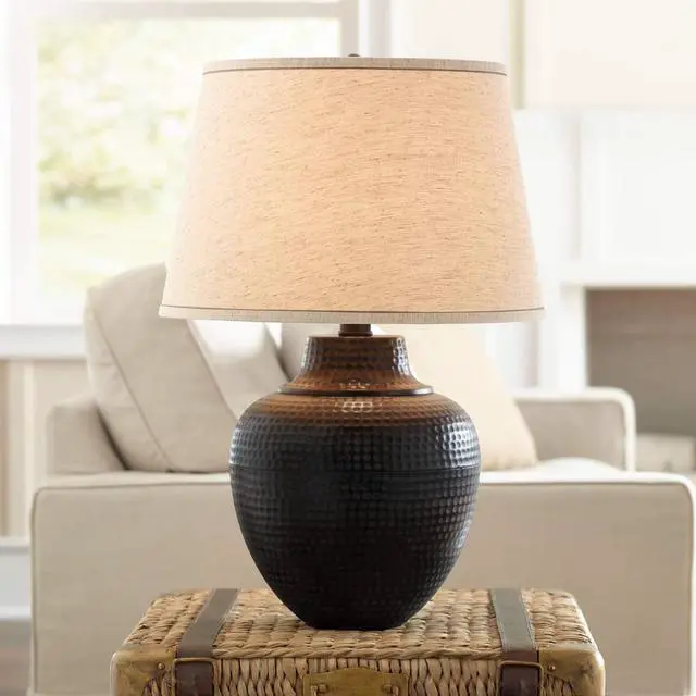 Alt view image 2 of 6 - Brighton 27 1/4" Tall Table Lamp Hammered Pot Warm Bronze Brown Farmhouse | Rustic Southwest Metal Living Room Bedroom House Bedside Nightstand Home Office Family Beige Drum Shade