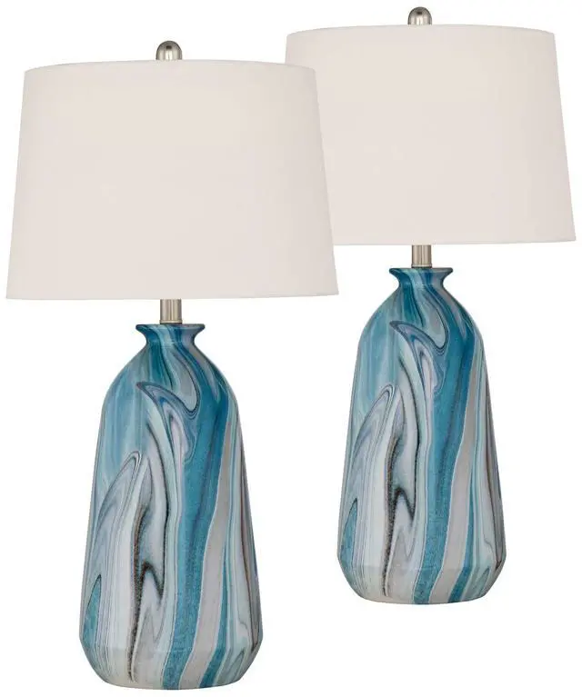 Alt view image 2 of 6 - Carlton 28" Tall Table Lamps Set of 2 Swirling Blue Faux Marble Coastal | Modern Bedroom Living Room House Home Bedside Nightstand Office Kids Family White Tapered Drum Shade