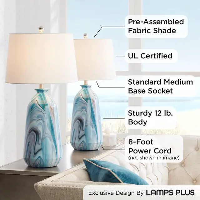 Alt view image 3 of 6 - Carlton 28" Tall Table Lamps Set of 2 Swirling Blue Faux Marble Coastal | Modern Bedroom Living Room House Home Bedside Nightstand Office Kids Family White Tapered Drum Shade