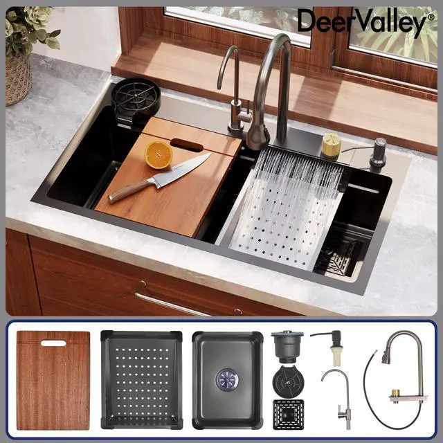 Alt view image 2 of 6 - Waterfall Kitchen Sink 30 Inch Single Bowl | Drop In Workstation Kitchen Sinks with Pull-Down Faucet, Modern for Farmhouse, RV, Bar, Dark Gray