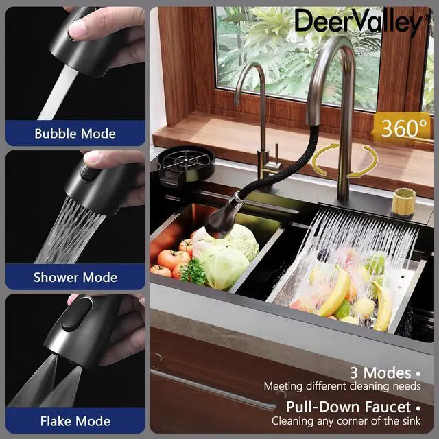 Alt view image 3 of 6 - Waterfall Kitchen Sink 30 Inch Single Bowl | Drop In Workstation Kitchen Sinks with Pull-Down Faucet, Modern for Farmhouse, RV, Bar, Dark Gray
