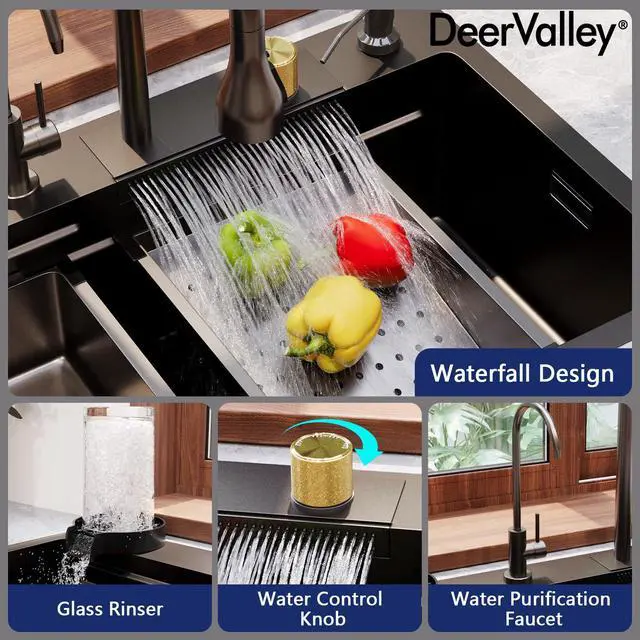 Alt view image 4 of 6 - Waterfall Kitchen Sink 30 Inch Single Bowl | Drop In Workstation Kitchen Sinks with Pull-Down Faucet, Modern for Farmhouse, RV, Bar, Dark Gray